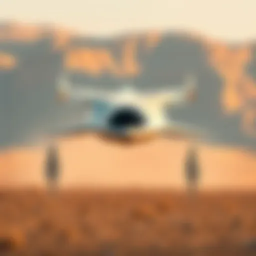 A futuristic aircraft designed by Lockheed Martin's Skunk Works, resembling a tic tac, in a desert setting with tall white aliens nearby.