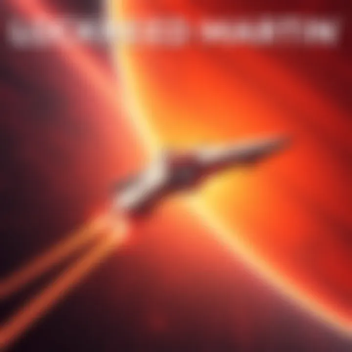 A futuristic spacecraft designed by Lockheed Martin soaring through space towards Mars, symbolizing fast travel and advanced technology.