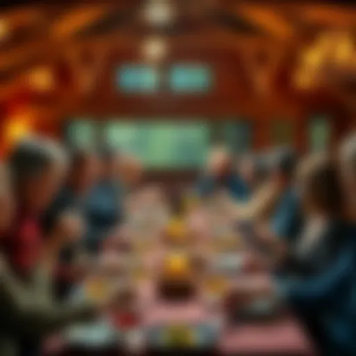 A friendly Lodge dinner setting with people mingling, food on the table, and warm lighting, creating a welcoming atmosphere.