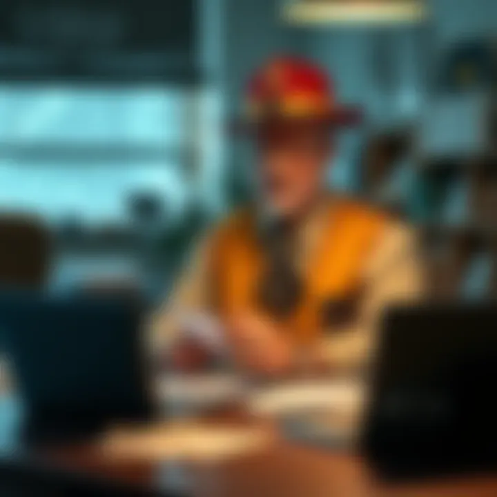 A lodge master sitting at a desk with a thoughtful expression, surrounded by papers and a laptop, looking for guidance on leadership amidst health struggles.