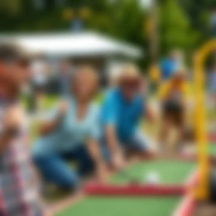 A group of lodge members playing mini golf, smiling and having fun outdoors