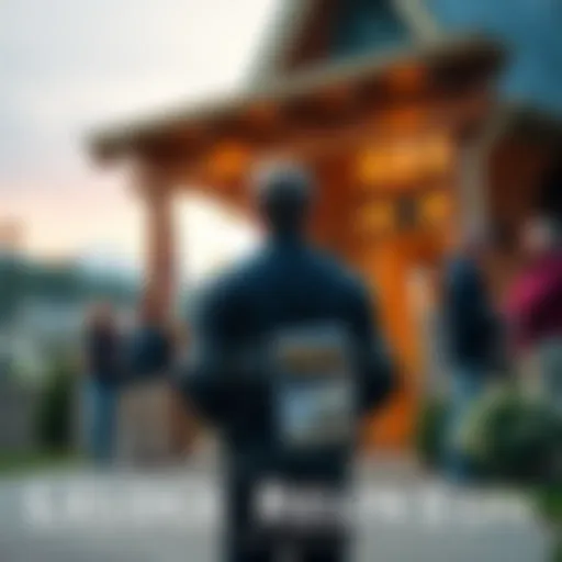 A person standing nervously outside a lodge building, looking contemplative while holding a welcome pamphlet, surrounded by friends greeting others