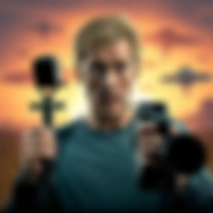 Logan Paul looks surprised while holding a camera, with a graphic overlay of UFOs in the background