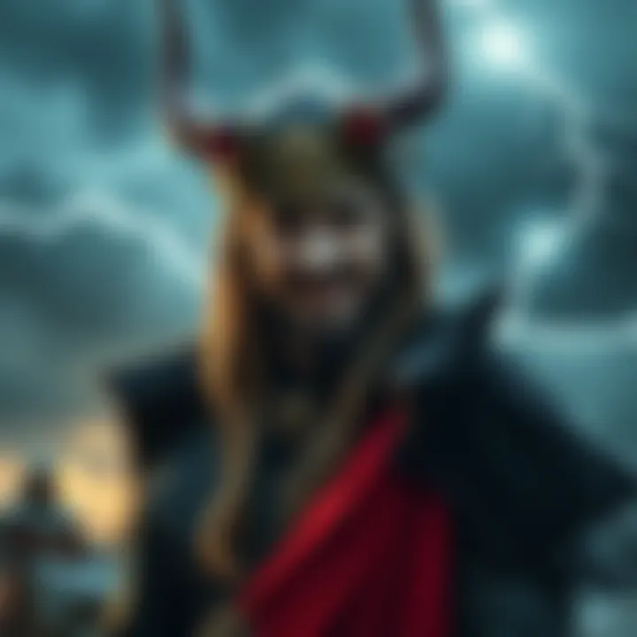 Loki in Norse Mythology A depiction of Loki, the Norse god, portrayed with a mischievous smile and wearing a horned helmet, standing against a backdrop of stormy skies and lightning, symbolizing his unpredictable nature.