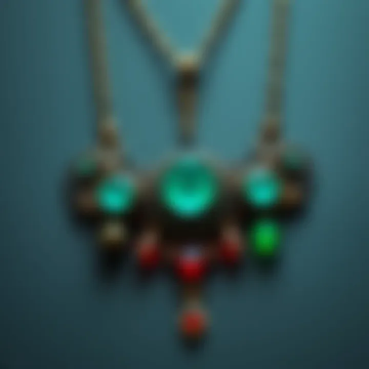 A creative necklace inspired by Loki, featuring elements of chaos and mint colors, showcasing unique charms and a stylish design.