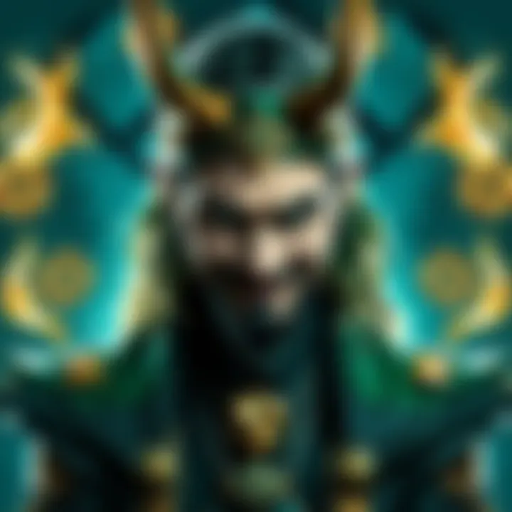 An artistic representation of Loki, featuring his iconic green and gold attire, with a playful smirk, surrounded by symbols of chaos and mischief.