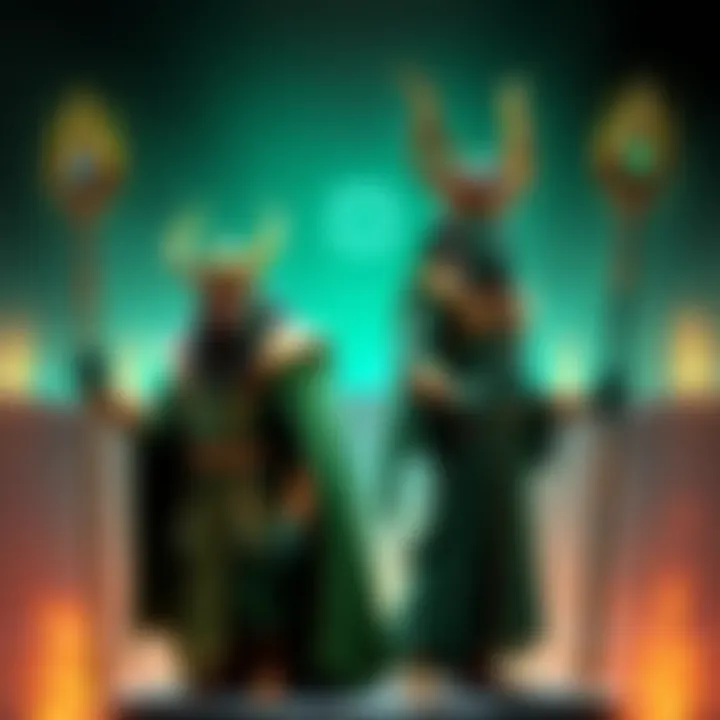 Loki from Marvel and Set from Egyptian mythology stand side by side, each holding their scepters and displaying their powerful presence