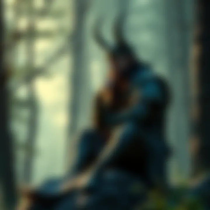 Loki sitting on a stone, looking pensive, with a serene forest backdrop, symbolizing contemplation of mental health