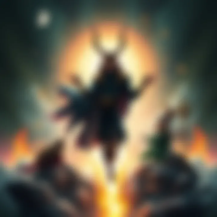 A depiction of Loki standing between two worlds, symbolizing his complex identity and duality in Norse mythology, surrounded by symbols of his children and godly relationships.
