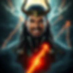A depiction of Loki, the Norse trickster god, with a mischievous smile and fiery eyes, surrounded by dark clouds and thunderbolts, representing his complex nature.