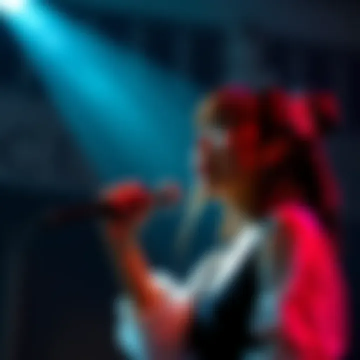 Lola Young Performance Lola Young on stage with a microphone, expressing strong emotions while performing her song 'Lolita', with shadows and dark lighting creating an intense atmosphere.