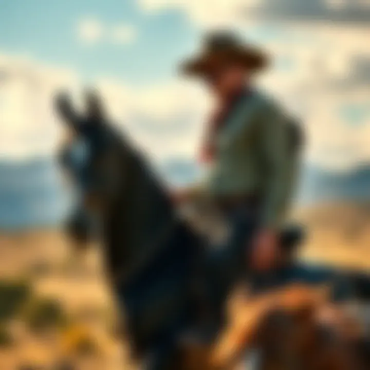 The Lone Ranger rides on a horse, with a view of the Wild West landscape, showcasing his iconic mask and hat.