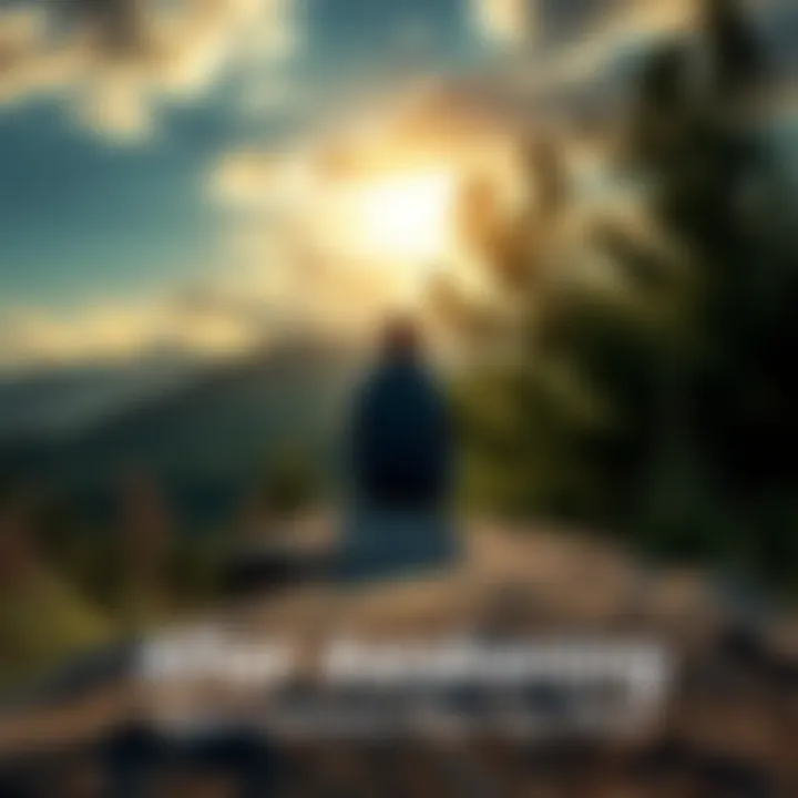A person sitting on a rock in a peaceful outdoor setting, reflecting on their thoughts and feelings after a spiritual awakening.