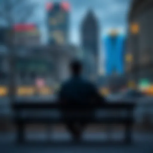 A person looking contemplative while sitting on a park bench in an unfamiliar city, reflecting on loneliness and loss.