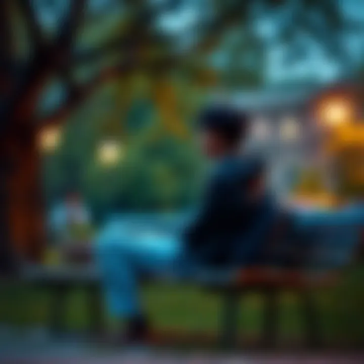 A 30-year-old sitting alone on a park bench, looking thoughtful and lost in their thoughts, surrounded by a quiet park setting.