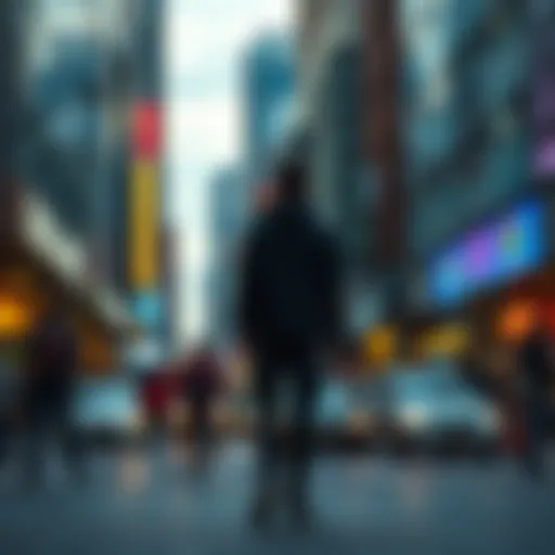 A person stands alone in a crowded city street, looking contemplative amidst the chaos of urban life.