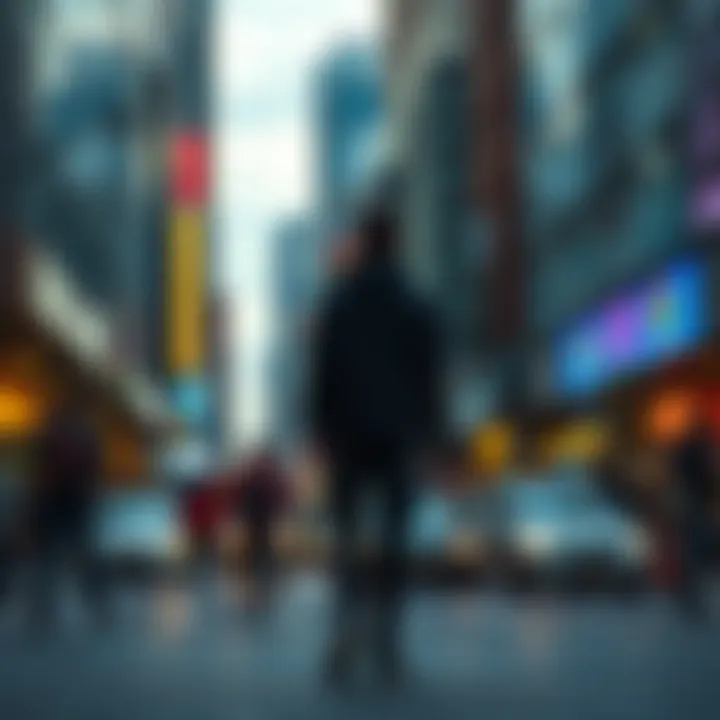 A person stands alone in a crowded city street, looking contemplative amidst the chaos of urban life.