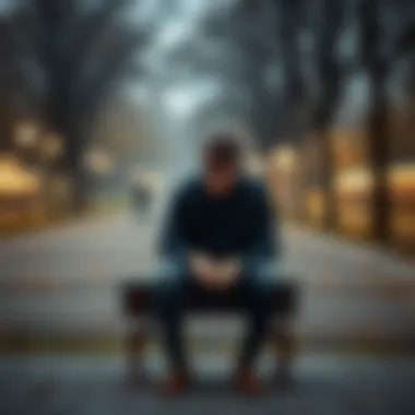 A young person sitting alone on a bench, looking down with a pensive expression, surrounded by an empty park that emphasizes their isolation.