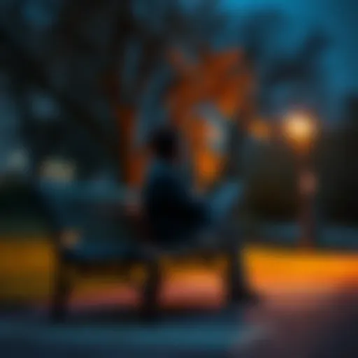 A 26-year-old person sitting alone on a park bench, lost in thought, depicting feelings of loneliness and struggles to connect with others despite success.