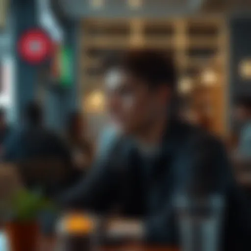 A 21-year-old man sitting alone in a coffee shop, looking thoughtful and disconnected while surrounded by people.