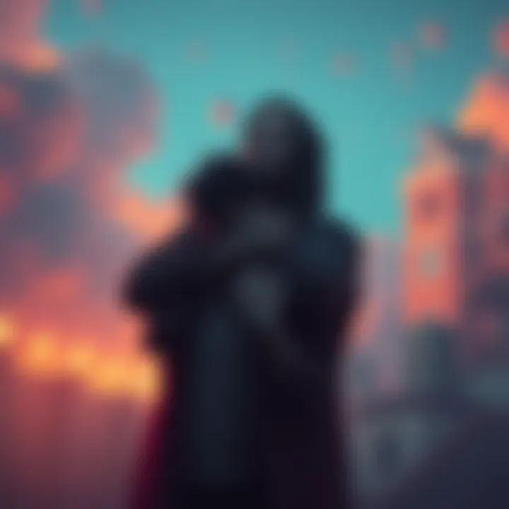 Lonely Dreamer Embraced A person in a dreamlike setting, feeling lonely but comforted by an unknown figure holding them close, portraying emotions of happiness and sadness.