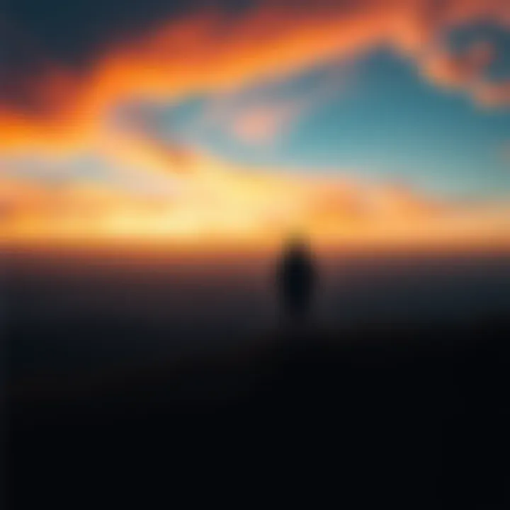 A person stands alone on a hill, gazing at a colorful sunset, symbolizing hope and reflection.
