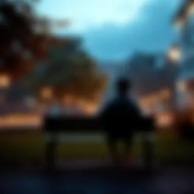 A person sitting alone on a park bench, looking contemplative with a distant gaze, surrounded by nature, symbolizing feelings of loneliness.