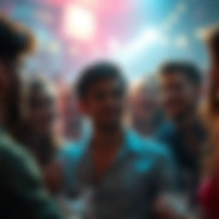 Lonely person among friends A person looking isolated while surrounded by cheerful friends at a party.