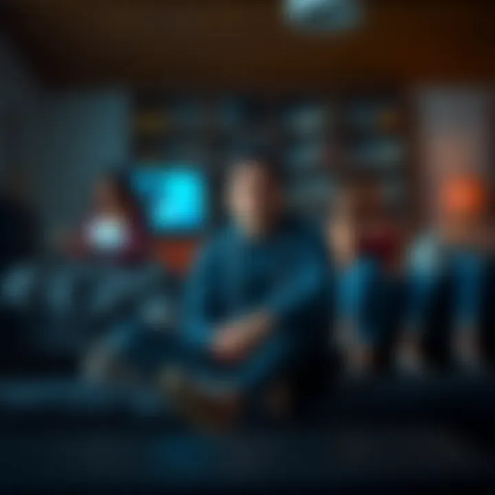 A person sitting quietly on a couch while friends chat and laugh around them, showing a look of sadness and isolation