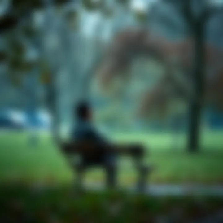 A solitary person sitting on a park bench, looking thoughtfully into the distance, surrounded by nature, symbolizing solitude and reflection.