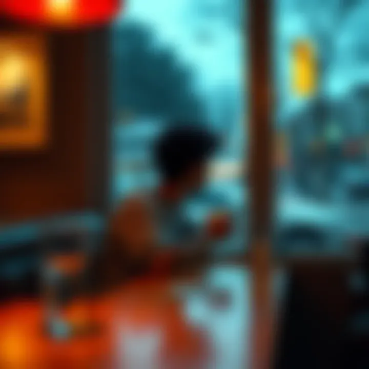 A person looking out the window of a café, appearing lonely while sipping coffee.