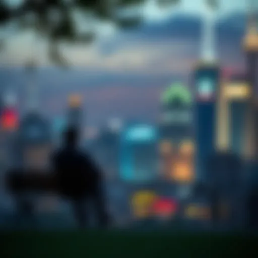 A person sitting alone on a bench in a park, gazing at a busy city skyline, symbolizing feelings of isolation and longing for connection in love.