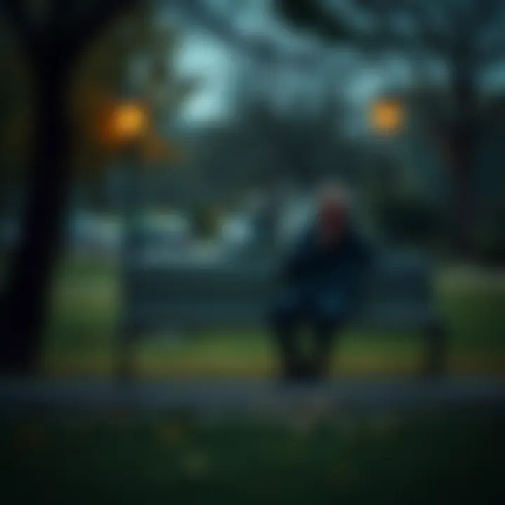 A person sitting alone on a park bench looking thoughtful and isolated