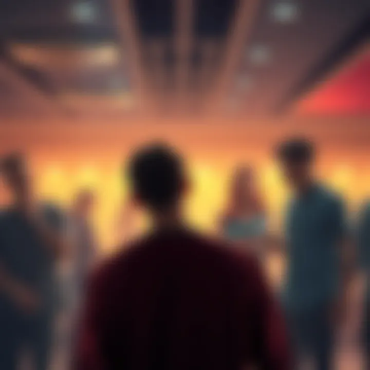 A lonely individual looking sad while others are laughing and socializing in the background