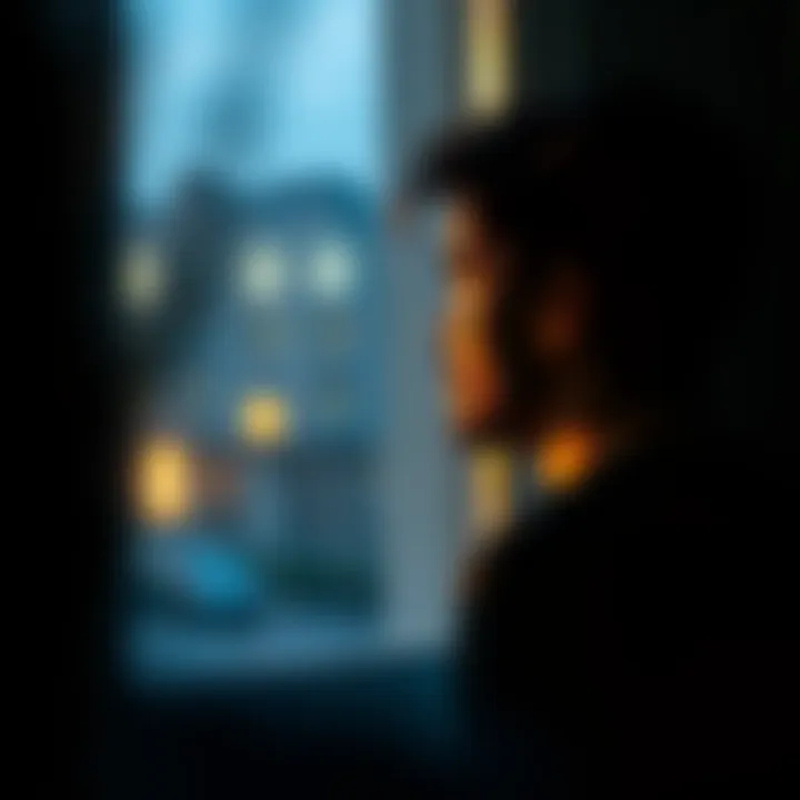A person gazes out a window, reflecting feelings of loneliness while surrounded by dim lighting and soft shadows, signifying personal growth and emotional states.