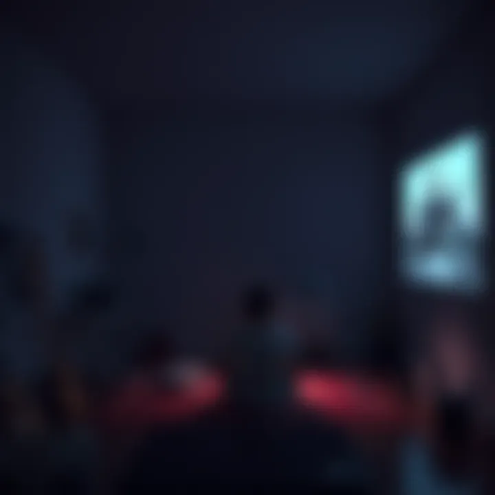 A dimly lit room with a projector casting images on a wall, showing a figure sitting alone, reflecting on feelings of isolation and self-growth, surrounded by personal items and shadows.