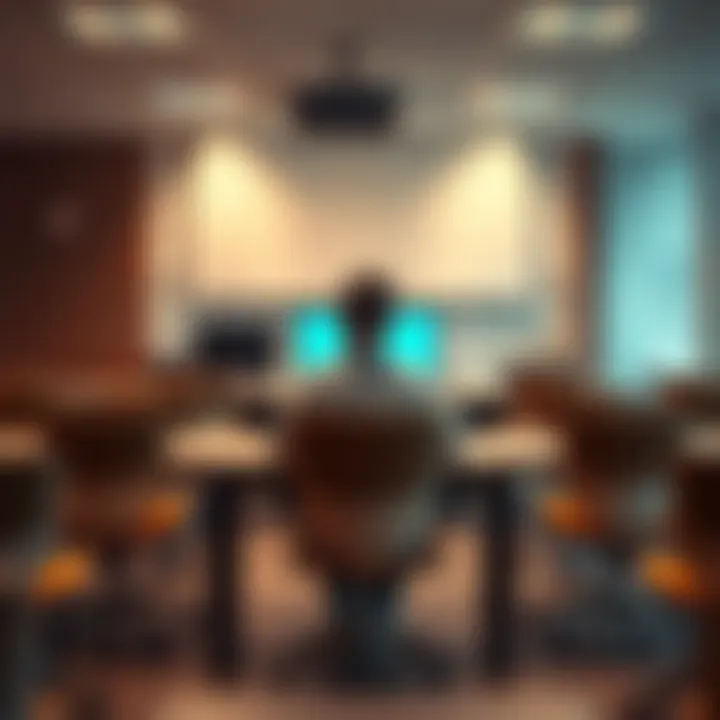 A person looking pensive while sitting alone at a workplace desk, surrounded by empty chairs