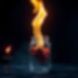 A bright flame extending from a unique spell jar, surrounded by mystical symbols and a dark background.
