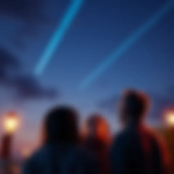 Residents of Long Island looking up at unusual lights in the night sky, with expressions of surprise and curiosity.