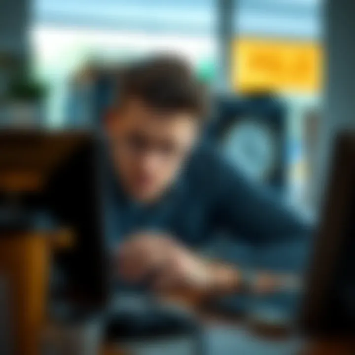 A tired worker at a desk with a clock showing late hours, indicating a long shift.