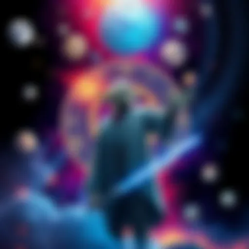 An illustration showing a human figure surrounded by symbols of time, life, and space, representing the idea of living for many years, inspired by characters like Yoda.