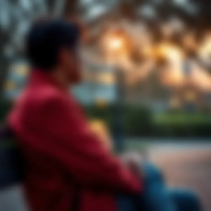 Person longing for connection A person sitting alone on a park bench, gazing into the distance with a look of deep emotion, representing longing and the desire for connection.