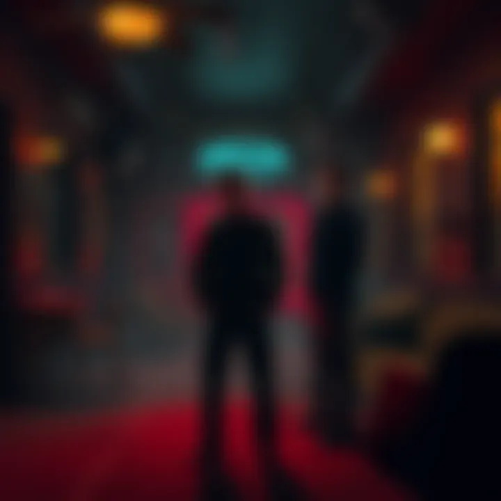 Lonny and Dan standing in the dark, spooky Royal Club, surrounded by shadows and old furniture, looking scared.