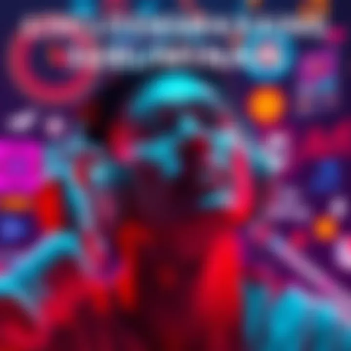 A person listening to audio subliminals with a focused expression, surrounded by visual stimuli that symbolize self-improvement and enhancement.