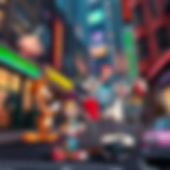 A scene showing iconic Looney Tunes characters interacting in a contemporary urban environment, blending animation with real-life elements.
