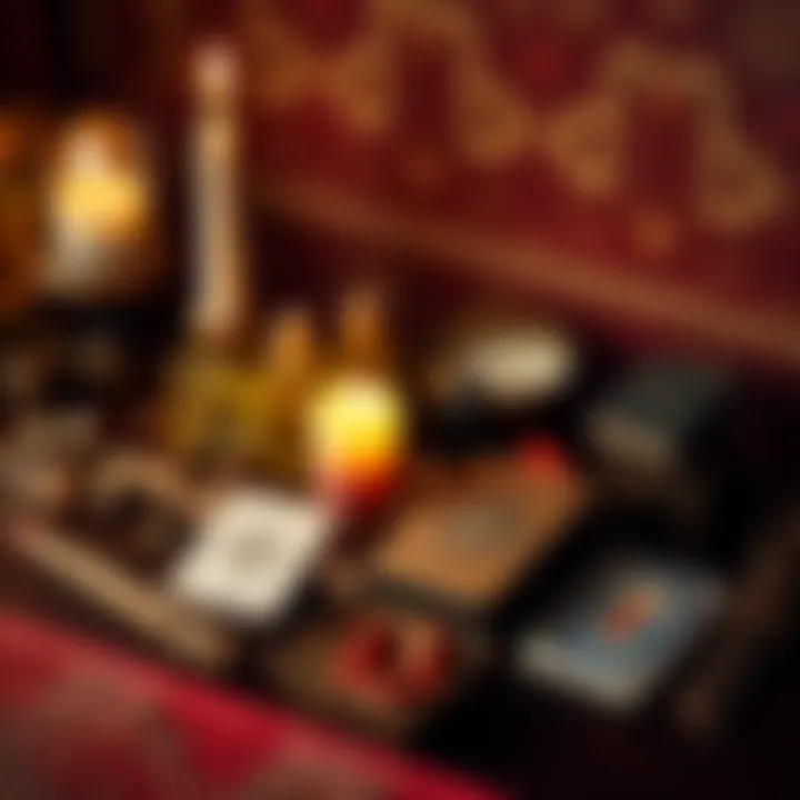 A display of handmade oil, candles, incense, and a Lenormand deck on a decorated altar dedicated to Lord Dionysus.