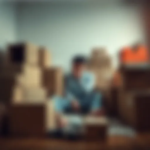 A person sits on the floor surrounded by packed boxes, looking distressed after losing their home, partner, and dreams.