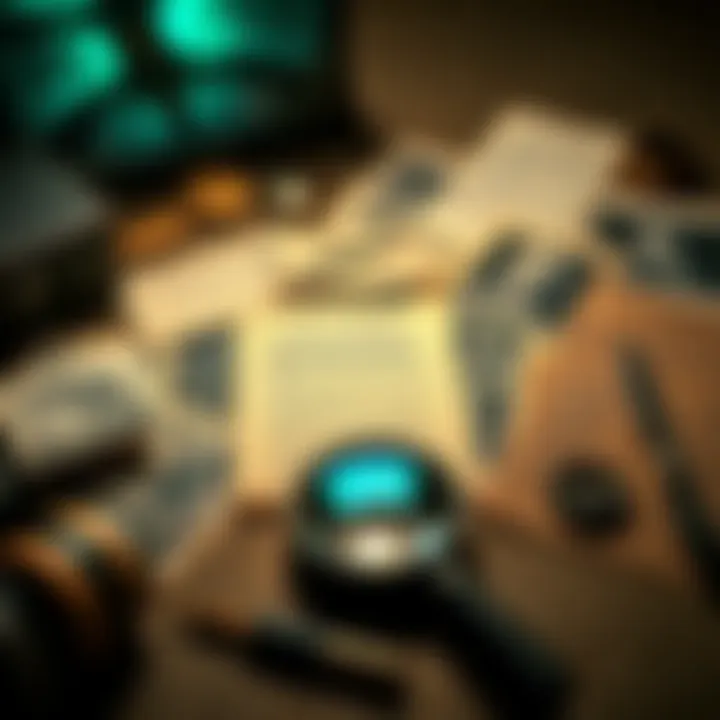 A collection of artifacts related to elusive cryptids, including photographs and documents, displayed on a table with a magnifying glass