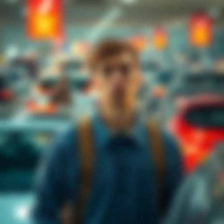 A confused person looking for their car in a crowded mall parking lot with rows of cars in the background