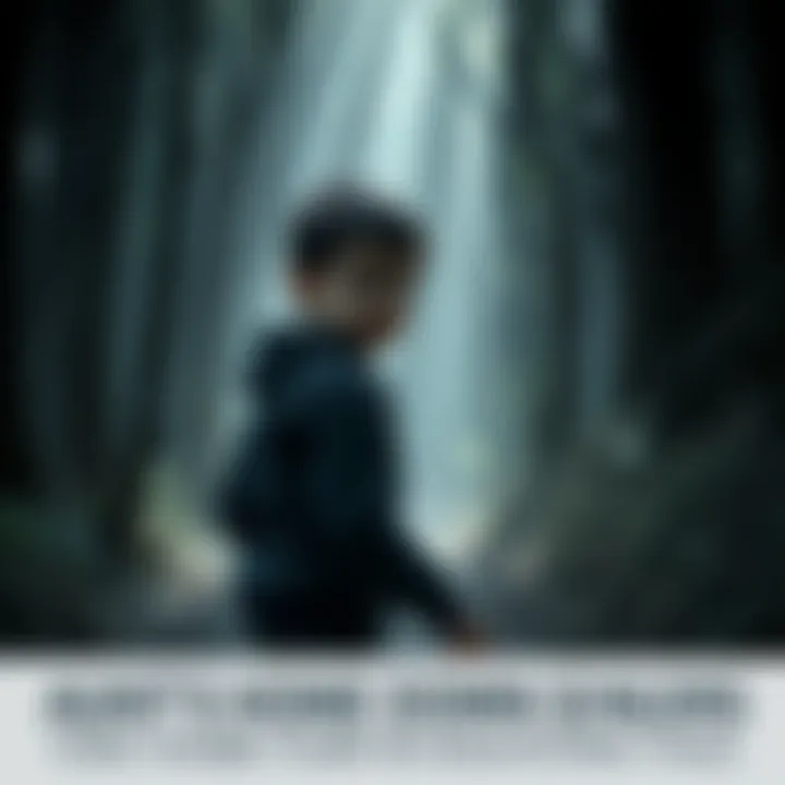 A scared young boy wanders through dark woods, shadows loom around him, hinting at unseen dangers.